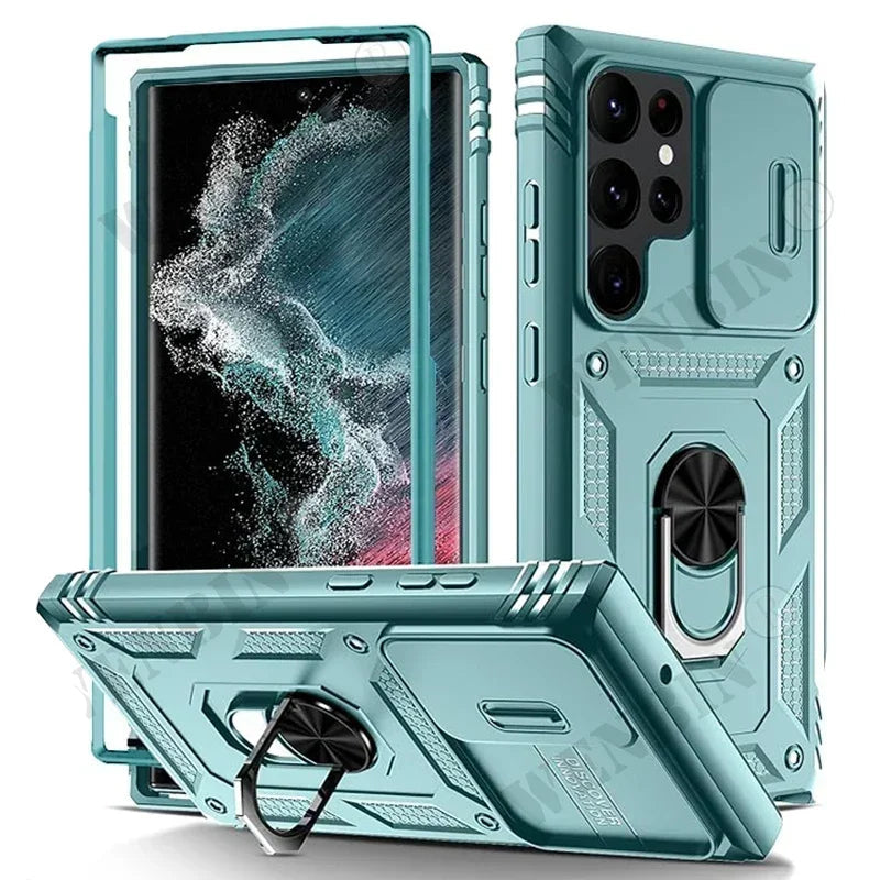 Teal Heavy duty Samsung Galaxy case with ring holder and screen protector on a white background