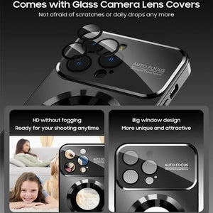 Phone case with glass camera lens covers on a black background