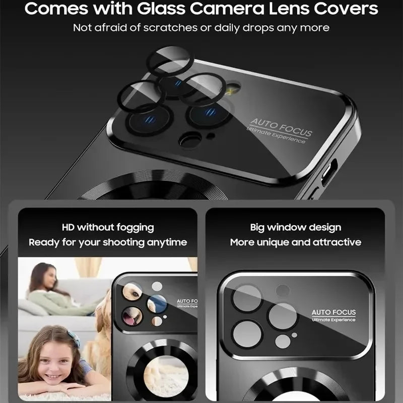 Phone case with glass camera lens covers on a black background