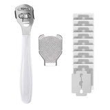Foot care tool set with a white handle, metal file, and multiple razor blades on a white background.