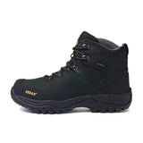 Black boot with blue accents on a white background