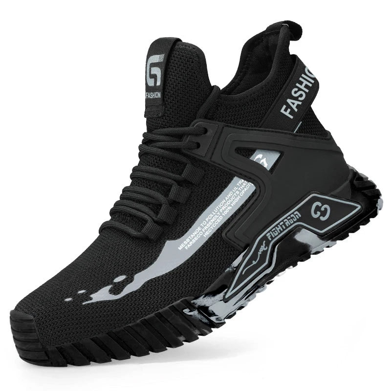 Black safety shoes with white text and branding on a white background