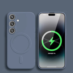 Matte magnetic silicone Samsung Galaxy blue case on a dark gray background