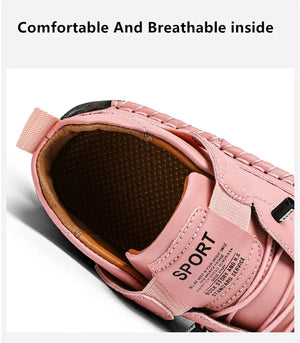 Pink shoe with a focus on comfort and breathability, featuring text in multiple languages.