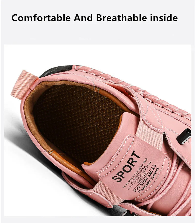 Pink shoe with a focus on comfort and breathability, featuring text in multiple languages.