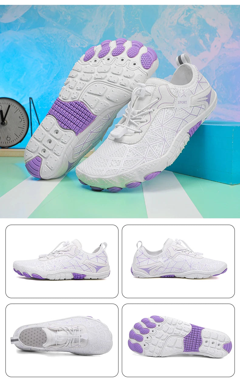 White and purple athletic shoes with a colorful abstract background
