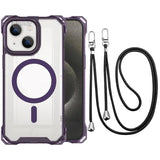 iPhone case with purple accent and lanyard on a white background