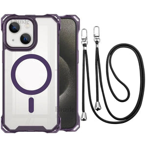 iPhone case with purple accent and lanyard on a white background