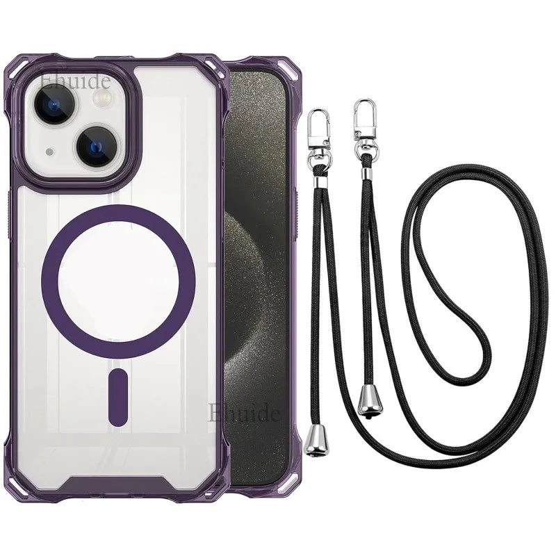 iPhone case with purple accent and lanyard on a white background