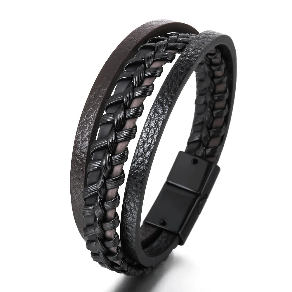 Mens braided leather bracelet with stainless steel clasp multilayer rope wristband