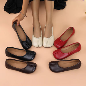 Women's artificial leather toe separator loafers with round toe and flat rubber sole