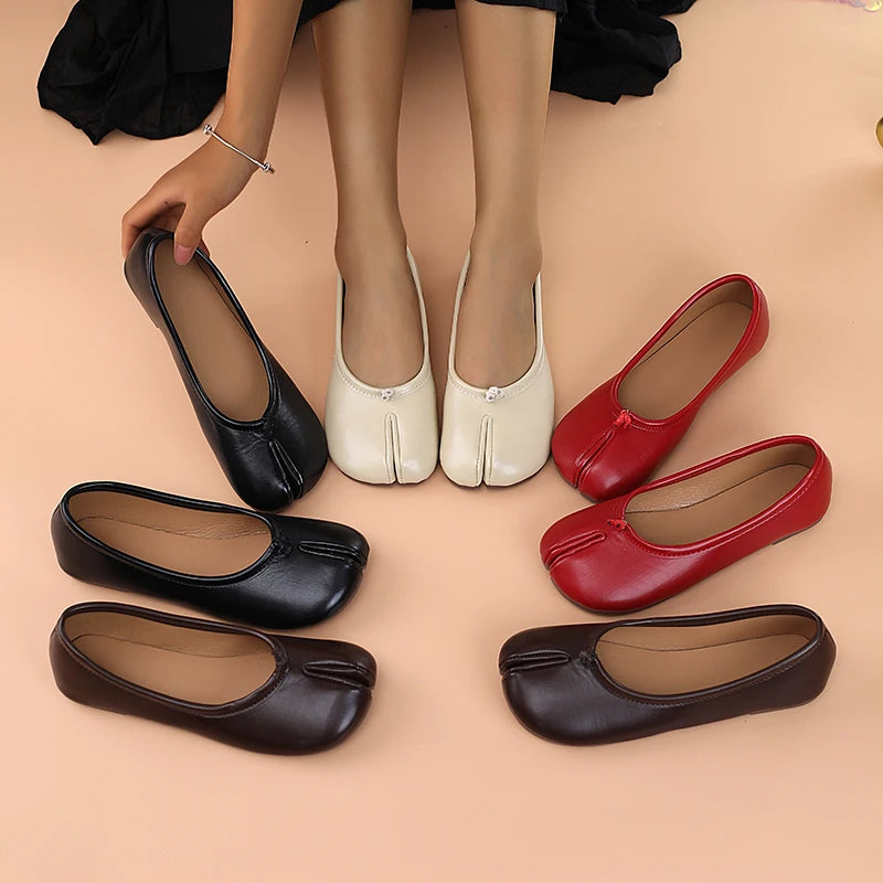 Women's artificial leather toe separator loafers with round toe and flat rubber sole