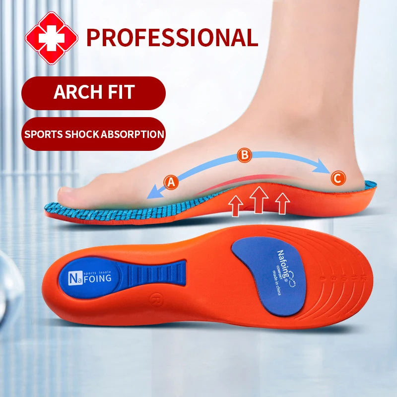 Orange and blue arch support insoles with branding on a light gray background