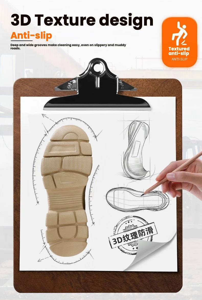 A promotional graphic for anti-slip shoe sole design, showing a clipboard with a beige shoe sole diagram, a shoe profile sketch, and a hand pointing at the drawing. Text reads '3D Texture design Anti-slip' with an orange 'Textured anti-slip' badge.