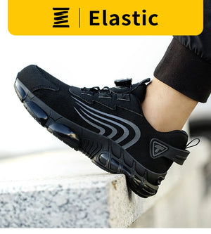 Black work shoe with visible brand logo on a blurred background