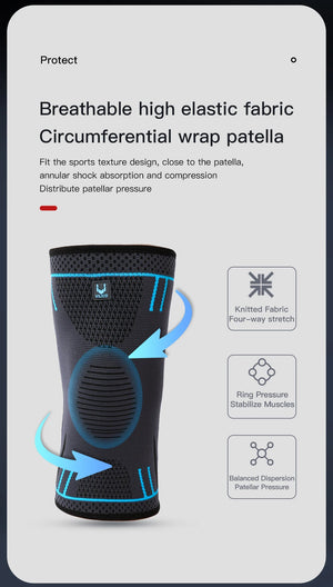 Knee brace with text on a gray background