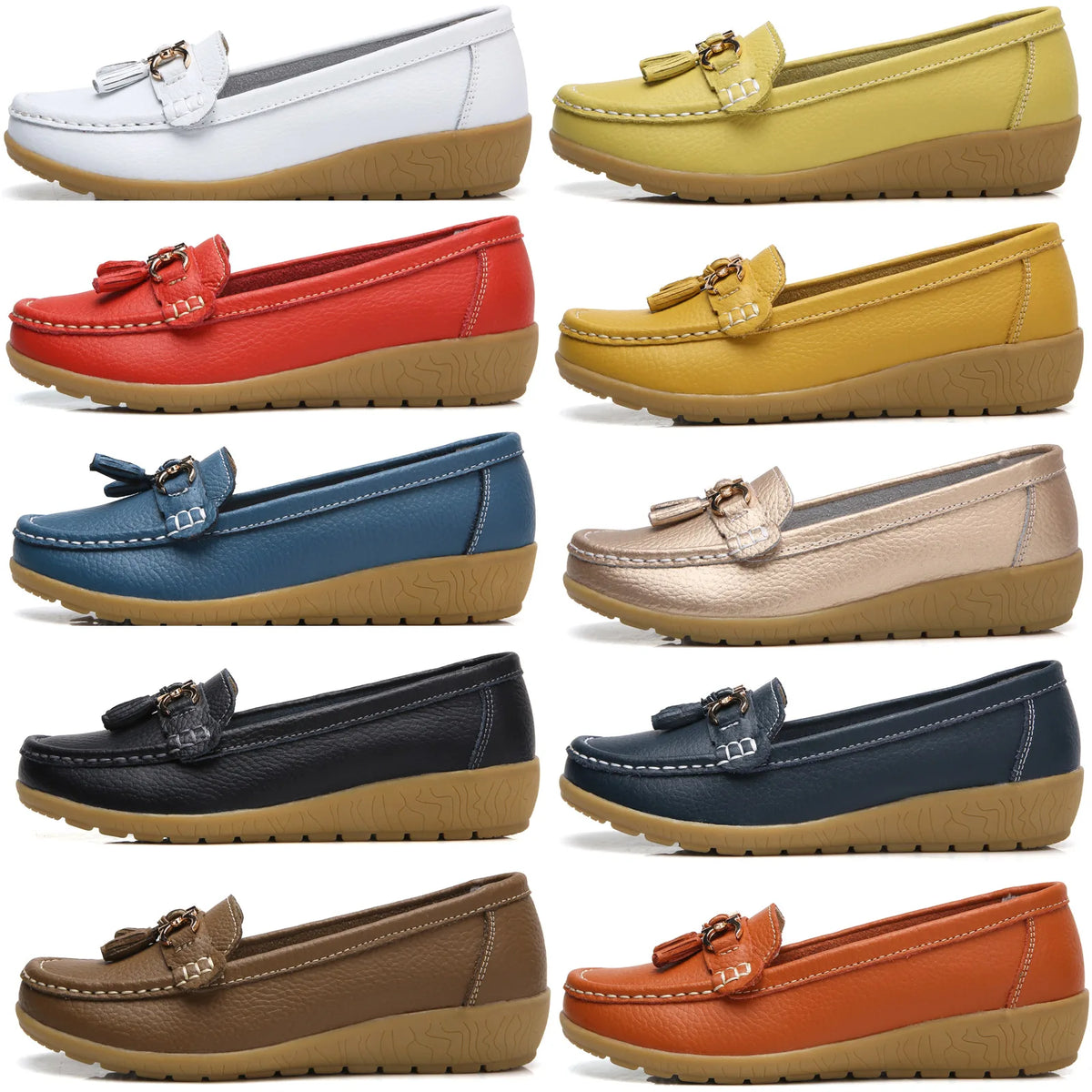 Women's leather loafers with metal tassel detail, round toe, and rubber sole