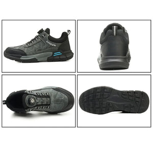 Collage of a gray and black Safety Work shoes with multiple views on a white background