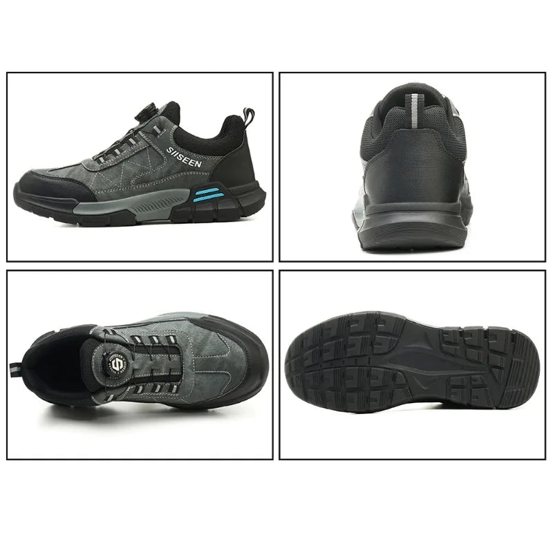 Collage of a gray and black Safety Work shoes with multiple views on a white background
