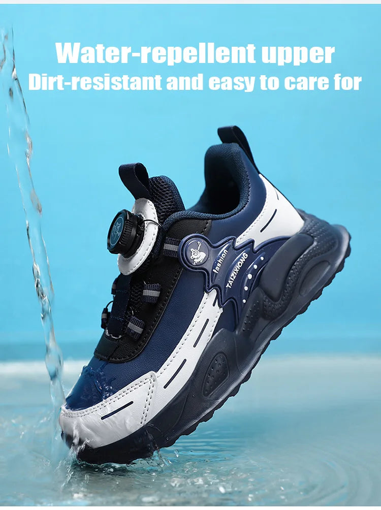 Blue and white athletic shoe with water droplet on a blue background