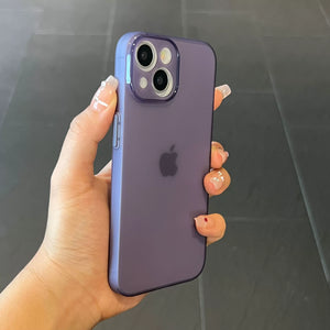 Hand holding a purple Ultra thin matte translucent TPU iPhone case with a clear background