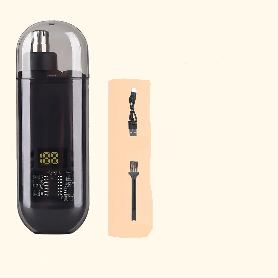 Black nose hair trimmer with charging cable and cleaning brush on a beige background