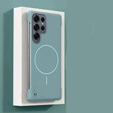 Teal Magnetic matte Samsung Galaxy case compatible with wireless charging on a white stand against a teal background