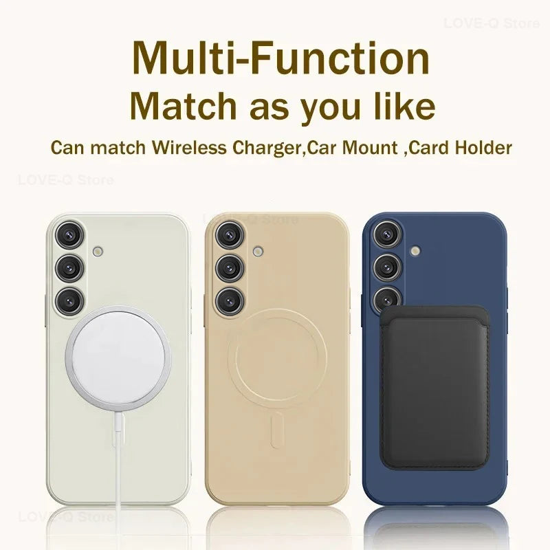 Three phone cases in different colors with matching accessories on a white background