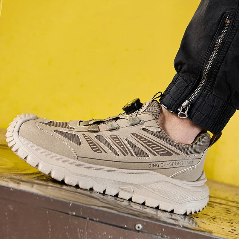 Beige safety work shoe with brand name on a yellow background