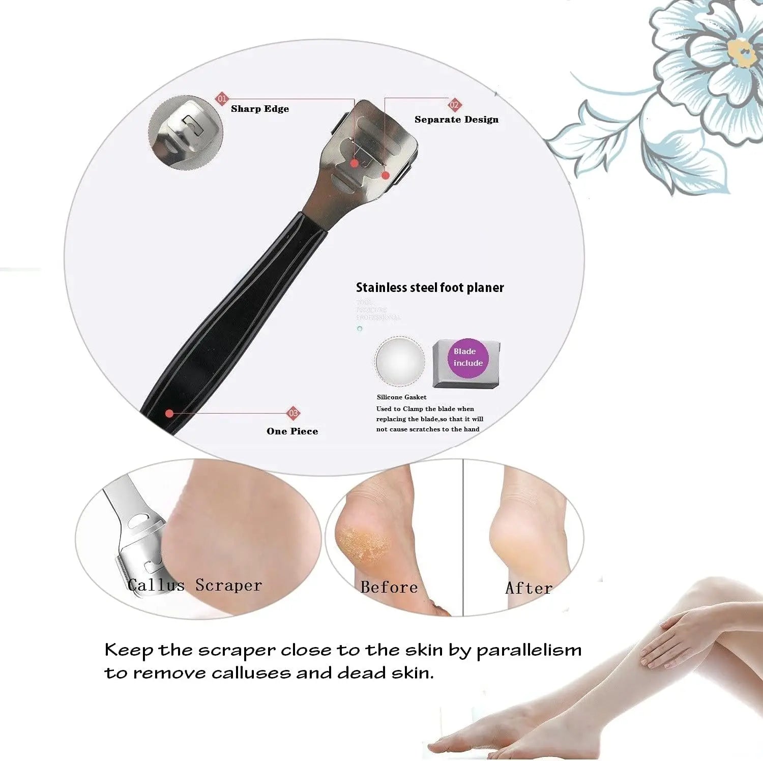 Stainless steel foot planer with usage instructions and before-and-after effects on skin.
