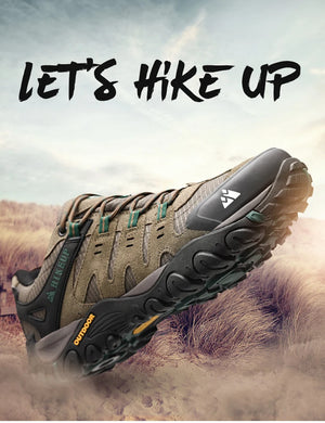 Hiking boot with 'Let's Hike Up' text against a natural background