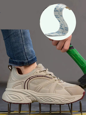 A beige athletic sneaker worn on a person's foot, shown with a hand holding a green-handled tool and a circular inset highlighting the shoe's flexible sole.