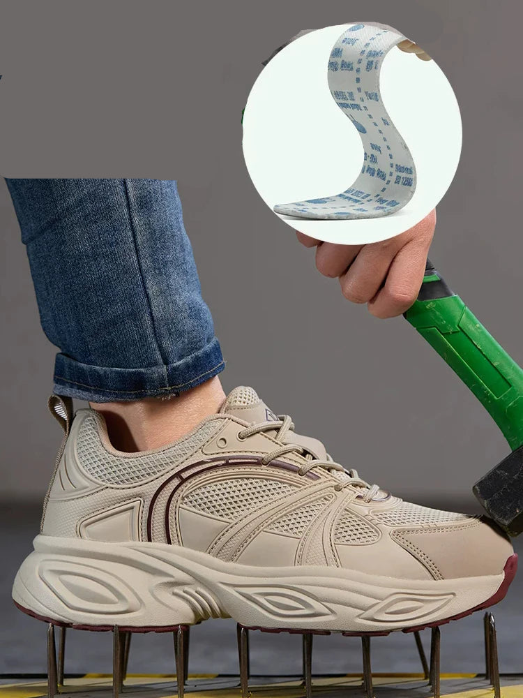 A beige athletic sneaker worn on a person's foot, shown with a hand holding a green-handled tool and a circular inset highlighting the shoe's flexible sole.