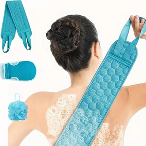 Woman using a blue bath scrubber with additional scrubbers and a loofah shown on a white background.