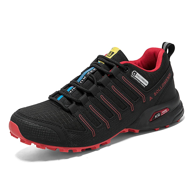 Black and red athletic shoe on a white background