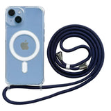 Crossbody Magnetic Clear iPhone Case with Lanyard Hard PC Back Cover and a navy blue lanyard on a white background