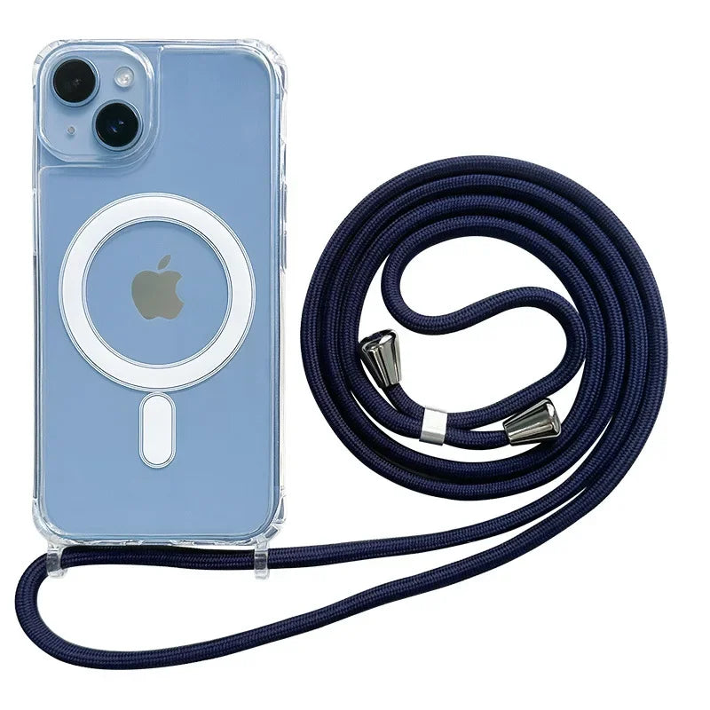 Crossbody Magnetic Clear iPhone Case with Lanyard Hard PC Back Cover and a navy blue lanyard on a white background