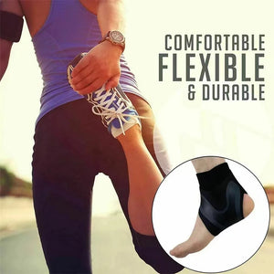 Person wearing a black ankle support brace with text 'Comfortable, Flexible & Durable' on a blurred outdoor background.
