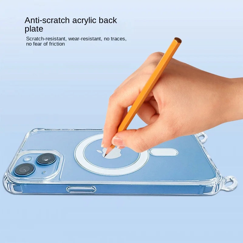 Hand holding a pencil near a clear iphone case with text about anti-scratch acrylic back plate.