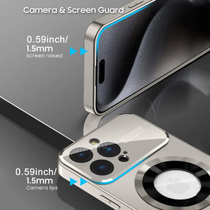 case for iPhone screen and camera guard with detailed specifications on a dark background