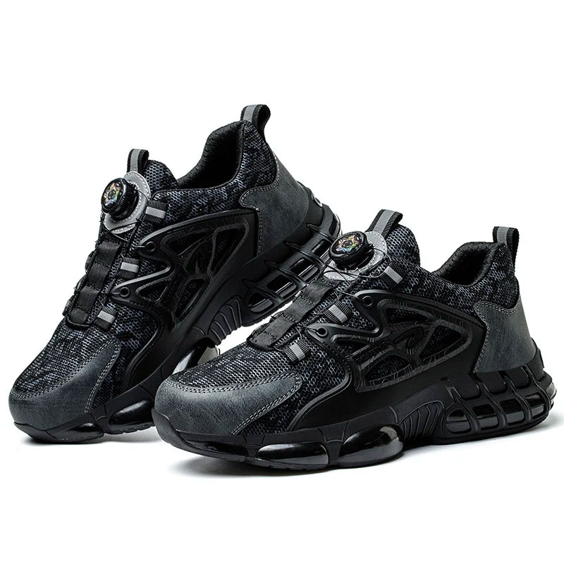 Black and gray athletic work shoes on a white background