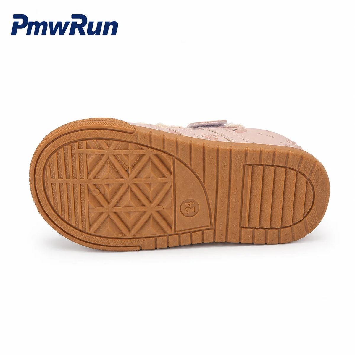 A close-up of the textured brown rubber outsole of a children's shoe, showing the tread pattern and a small circular logo, with the PmwRun brand name in blue at the top left on a white background.