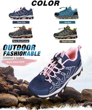 A promotional graphic for children's outdoor loafers, showing a large navy blue shoe with pink laces and sole details in the foreground, plus four smaller color variants labeled Blue Pink, Oil Blue, Navy Blue/Orange, and Khaki Yellow. The text reads 'COLOR', 'OUTDOOR FASHIONABLE', and 'Children's loafers Must have style'.