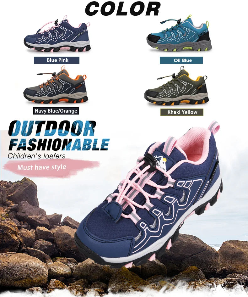 A promotional graphic for children's outdoor loafers, showing a large navy blue shoe with pink laces and sole details in the foreground, plus four smaller color variants labeled Blue Pink, Oil Blue, Navy Blue/Orange, and Khaki Yellow. The text reads 'COLOR', 'OUTDOOR FASHIONABLE', and 'Children's loafers Must have style'.