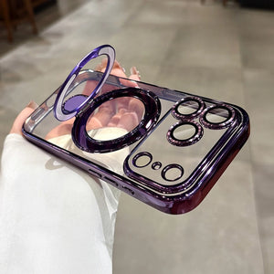 Clear iphone case with purple accents held by a person on a light background
