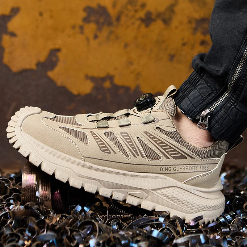 Beige safety work shoe sneaker with brand logo on a textured background