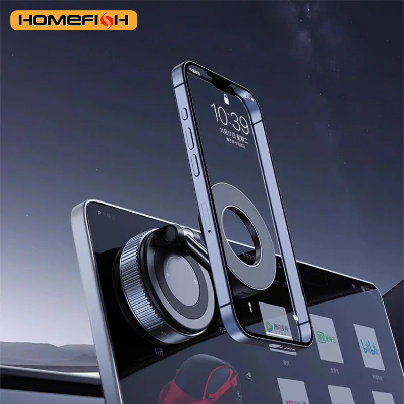 Smartphone with a metallic ring stand on a reflective surface with a dark background