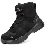 A black high-top tactical safety work boot with a rugged sole, black laces, and a small silver logo on the side and toe area, shown against a plain white background.