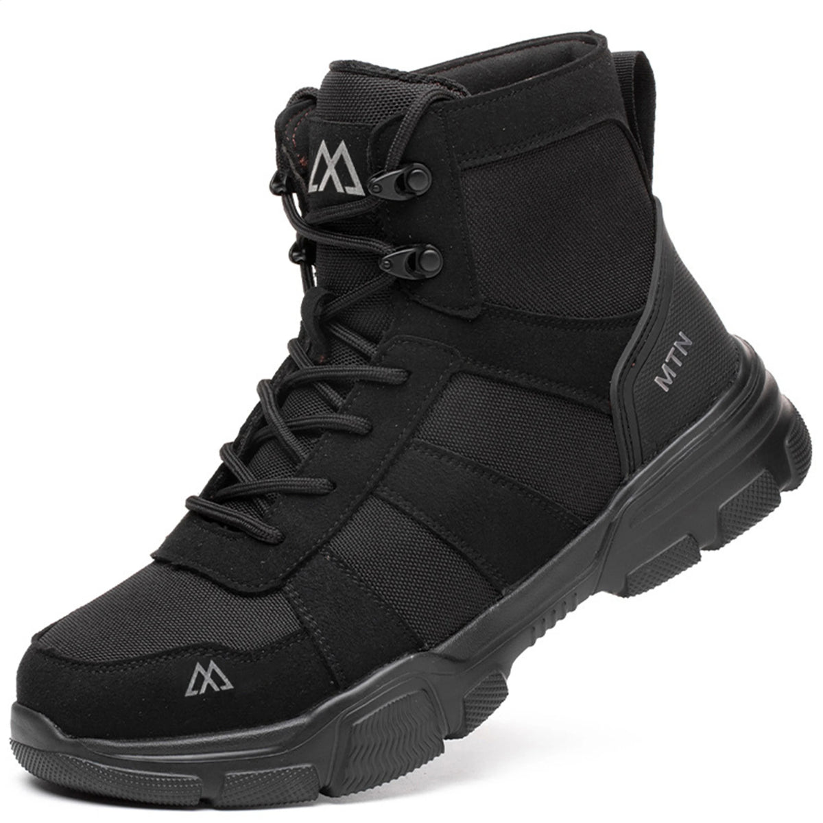A black high-top tactical safety work boot with a rugged sole, black laces, and a small silver logo on the side and toe area, shown against a plain white background.