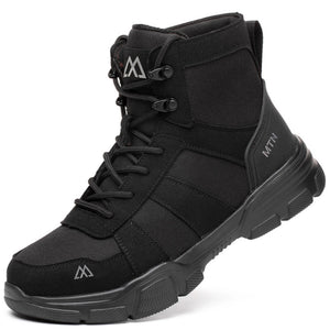 A black high-top tactical safety work boot with a rugged sole, black laces, and a small silver logo on the side and toe area, shown against a plain white background.